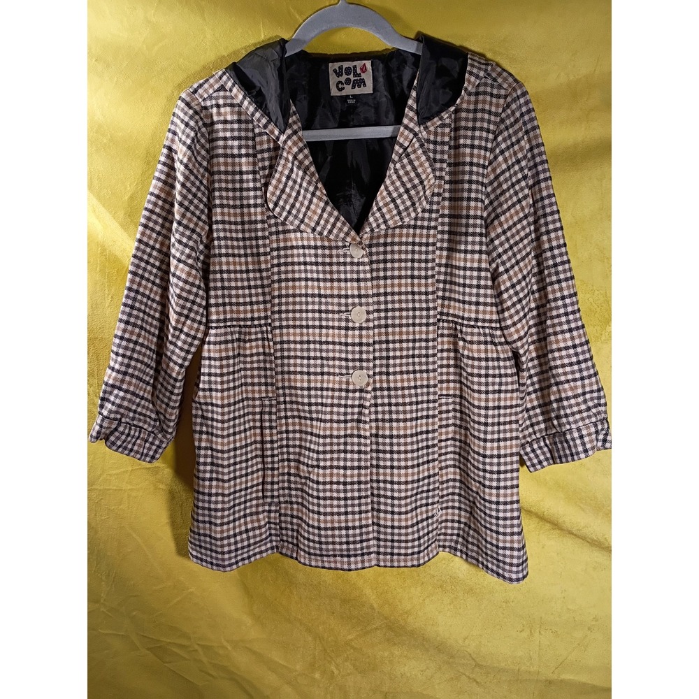 Volcom Plaid Hooded Jacket Womens Large Brown Tan Check Empire Waist Coat